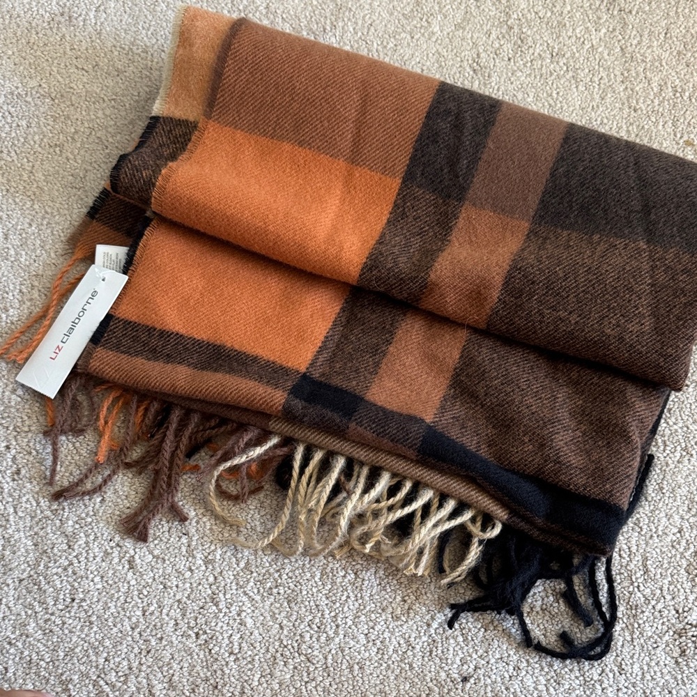 Liz Claiborne Orange and Brown Plaid Scarf